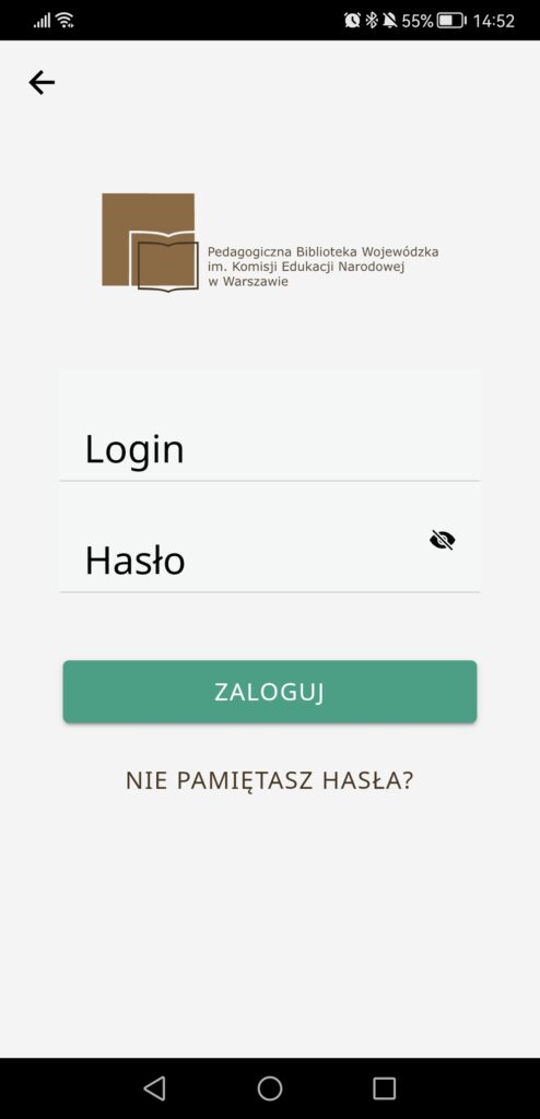 Ekran aplikacji mobilnej wyświetlający opcje logowanie.