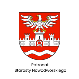 Herb powiatu nowodworskiego na czerwonej tarczy. Przedstawia białego orła ze złotym dziobem i szponami, stojącego na białych murach obronnych z trzema wieżami. Poniżej znajduje się biała, pofalowana linia. Pod herbem widnieje czarny napis: „Patronat Starosty Nowodworskiego”.
