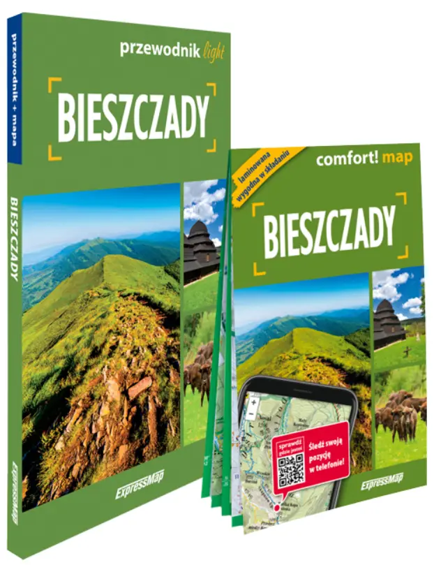 Okładka książi przedstawia zestaw turystyczny z Bieszczad marki ExpressMap: zieloną książkę („przewodnik light”) oraz laminowaną, składaną mapę („comfort! map”). Obie okładki mają napis „BIESZCZADY” i ozdobione są miniaturkami zdjęć przedstawiających bieszczadzkie połoniny, zabytkową drewnianą cerkiew oraz stado żubrów. Na tle mapy widoczna jest także grafika smartfona z aplikacją nawigacyjną.
